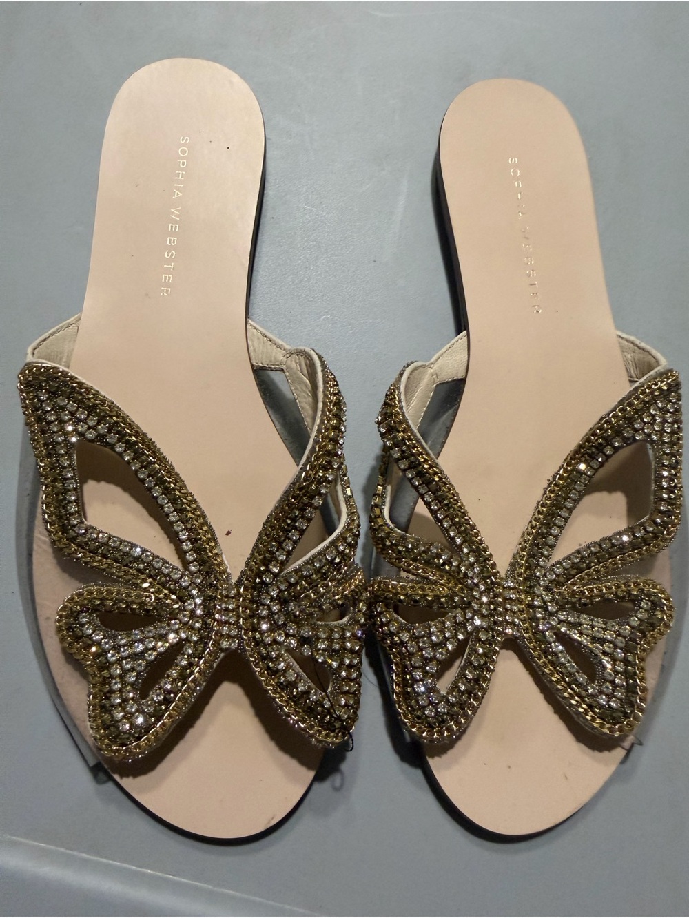 Sophia Webster Gold Crystal Butterfly Slide Sandals